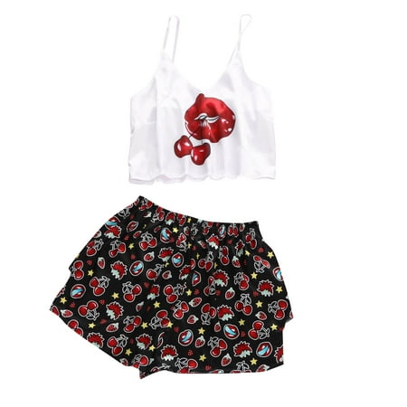 

BIZIZA Women Pajama Sets Shorts Comfortable 2 Piece Sleeveless V-Neck Cami Satin Printed White XXL