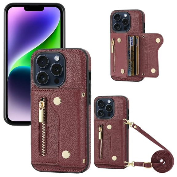 Wallet Case for iPhone 15 Pro, Classic Lychee Texture PU Leather Purse Case with Accordion Card Slots, Protective Crossbody Flip Cover with Zipper Shoulder Strap Lanyard for iPhone 15 Pro, Winered