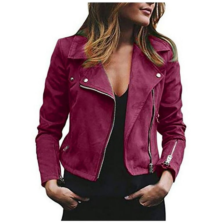 IROINNID Women's Short Blouson Jacket Jacket Notch Lapel Solid Color Long  Sleeve Loose Open Front Short Cardigan Zipper Jacket Coat Top, Wine