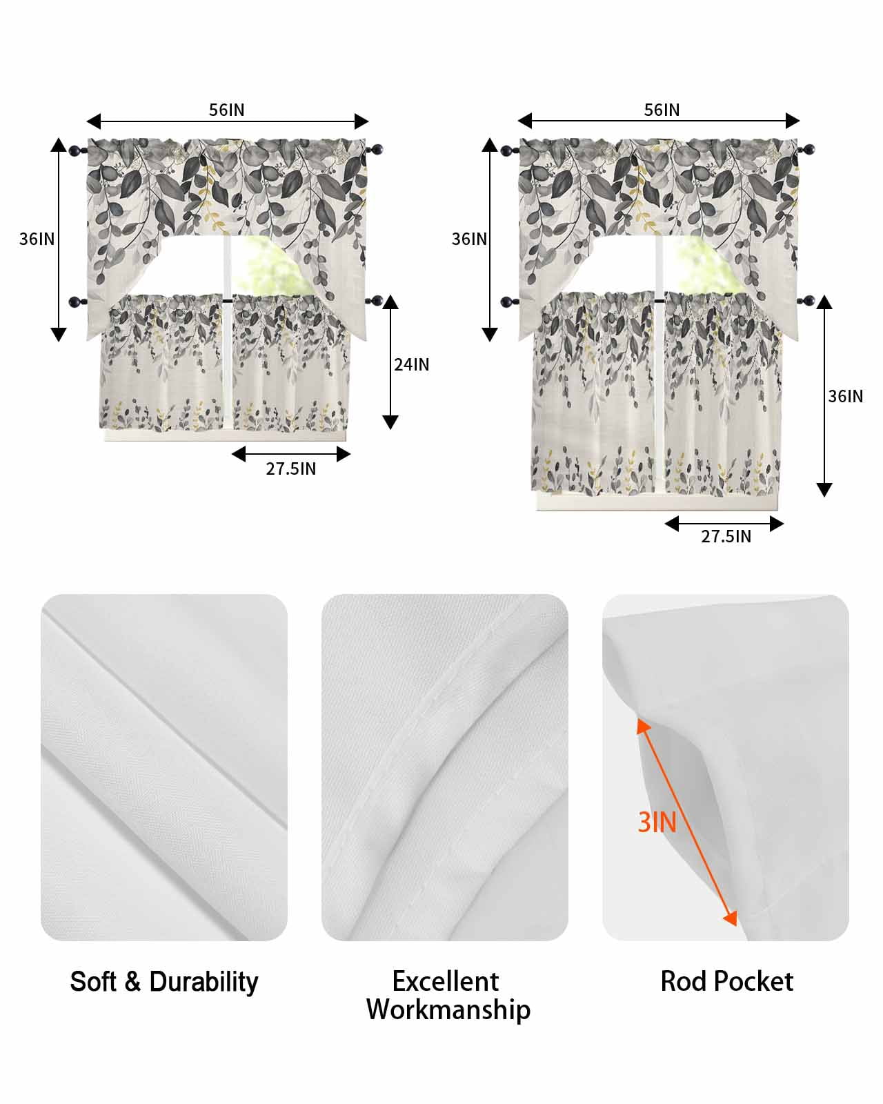 Grey Eucalyptus Kitchen Curtains Sets for Windows 3 Piece, Farmhouse Weeping Leaves on Linen Kitchen Curtains and Valances Tier Set 36 Inch Length Swag Curtain for Living Room Cafe Bathroom Bedroom