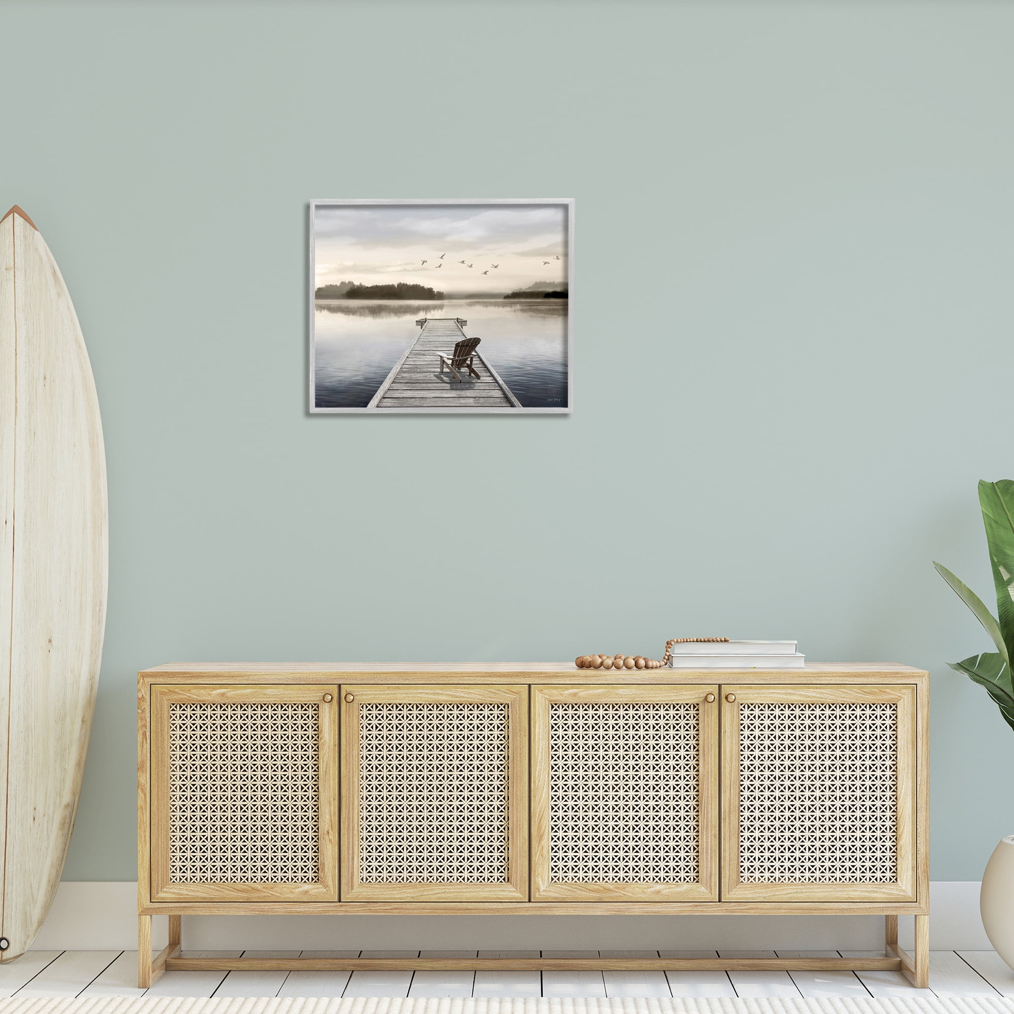 Stupell Industries Beach Chair on Dock Landscape Painting Gray Framed Art Print Wall Art, 30 x 24