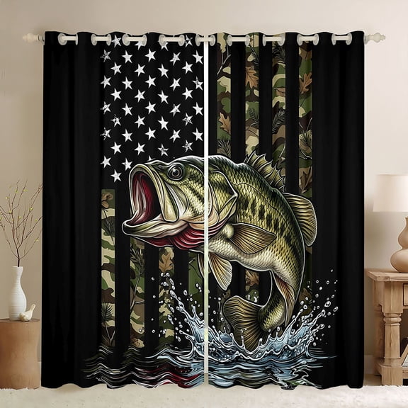 Feelyou Hunting Bass Fish Wildlife Black Out Curtains for Men Boys, Rustic American Flag Curtains Pack of 2 (42x63 Each), Rust Black Green