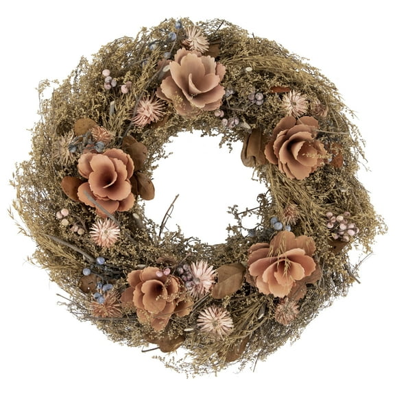 Northlight Twig and Shaved Wood Flowers Small Fall Harvest Wreath 13.75" - Unlit