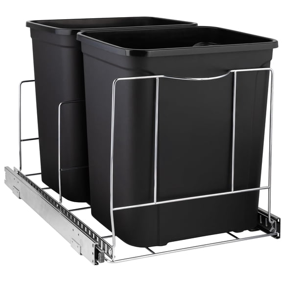 HOLDN' STORAGE Double Pull Out Trash Can Rack for Kitchen Cabinet, Heavy Duty Chrome Under Cabinet Garbage and Recycling Sliding Organizer for Two 9 Gallon / 36 Qt Bins, Bins Not Included