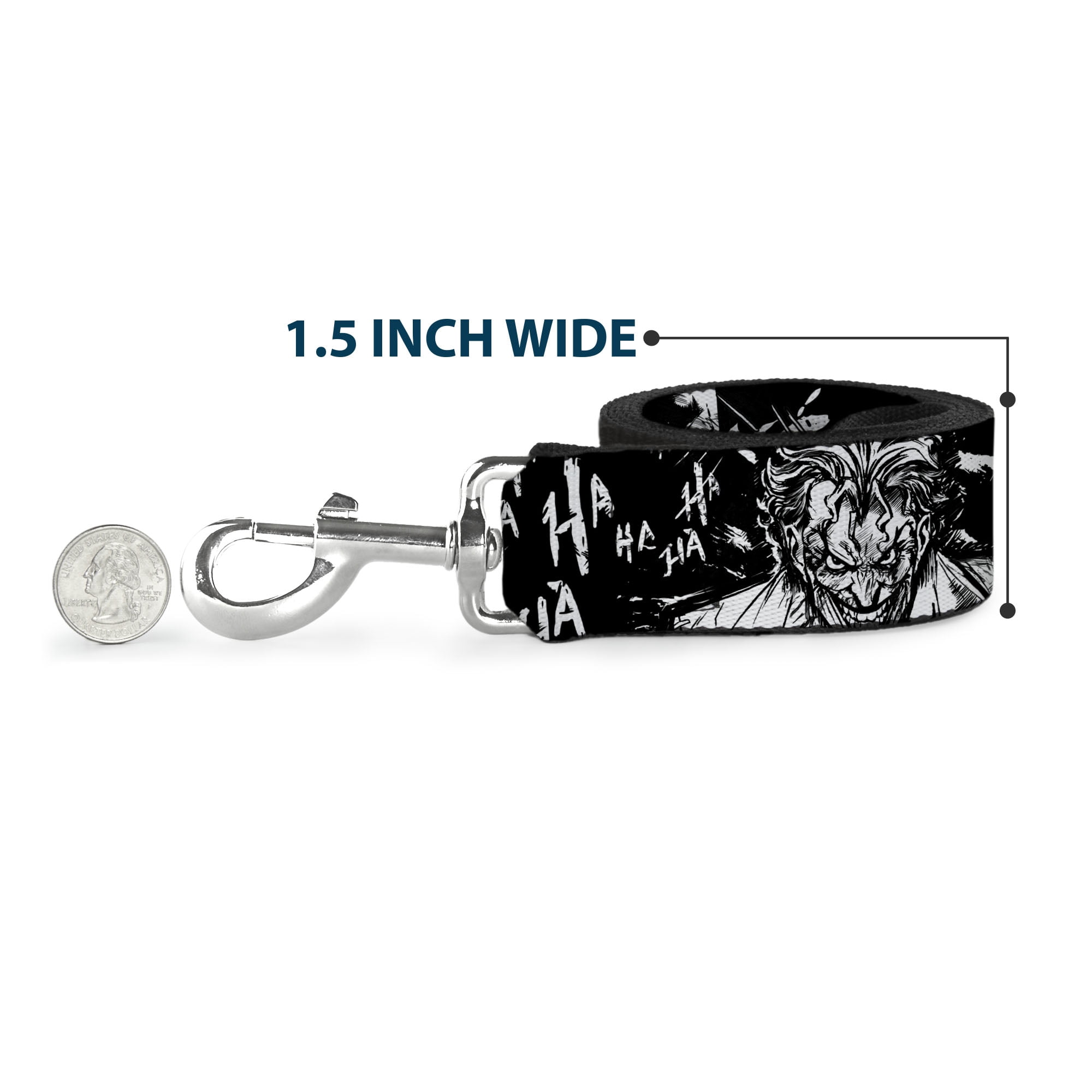 DC Comics Pet Leash, Dog Leash, Batman The Dark Knight and Joker Smiling Close Up Black, 6 Feet Long 1.0 Inch Wide