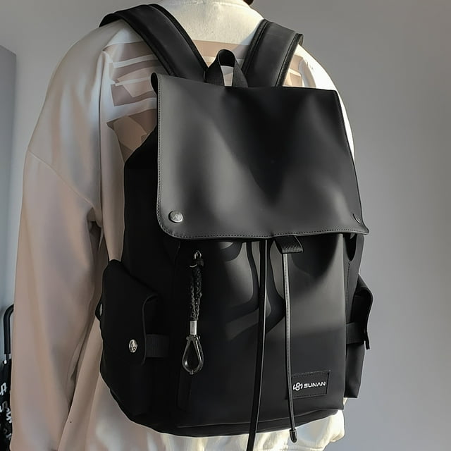 Fashionable Flap Drawstring Backpack For Men, Solid Color Casual Backpack For High School & College, Commuter Bag