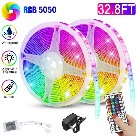 LED Strip Light Waterproof 300 LEDs 32.8FT RGB SMD 5050 LED Rope Lights Color Changing LED Strip Lights with 44-Keys IR Remote Controller 12v Power Supply TV Backlight Kit w Remote