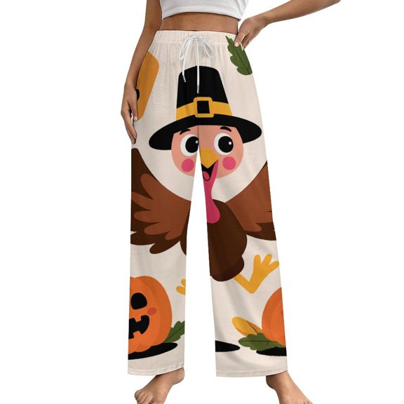 Happy Thanksgiving Pumpkin Turkey Pajamas For Women Loose Retro Night Pajama Pants Comfortable Sleepwear Bottoms Homewear