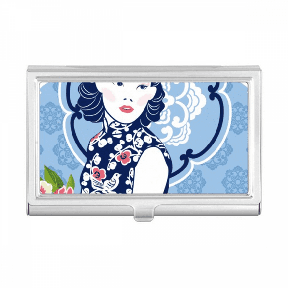 Chinese Culture Blue Flower Woman Business Card Holder Case Pocket Box Wallet