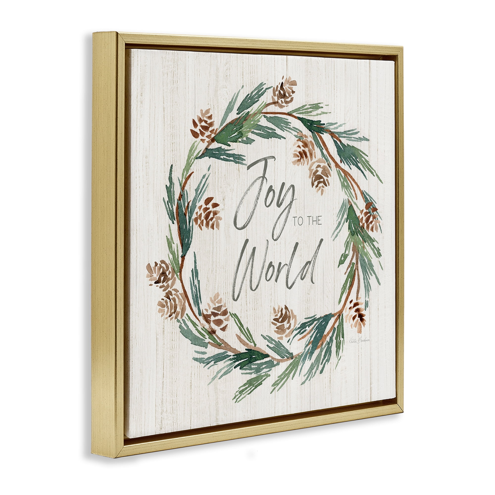 Stupell Industries Joy Pinecone Wreath Holiday Painting Gold Floater Framed Canvas Art Prints Wall Art, 18 x 18