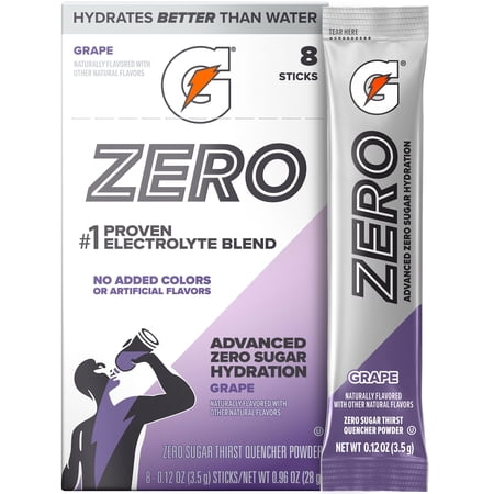 Gatorade Zero Sugar Grape, On the Go Packs, Electrolyte Powder Drink Mix, 0.12 oz, 8 sticks