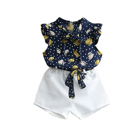 

OVTICZA Toddler Baby Girls Summer T Shirts and Set Outfit Clothing Set Short Sleeve with Dark Blue 90