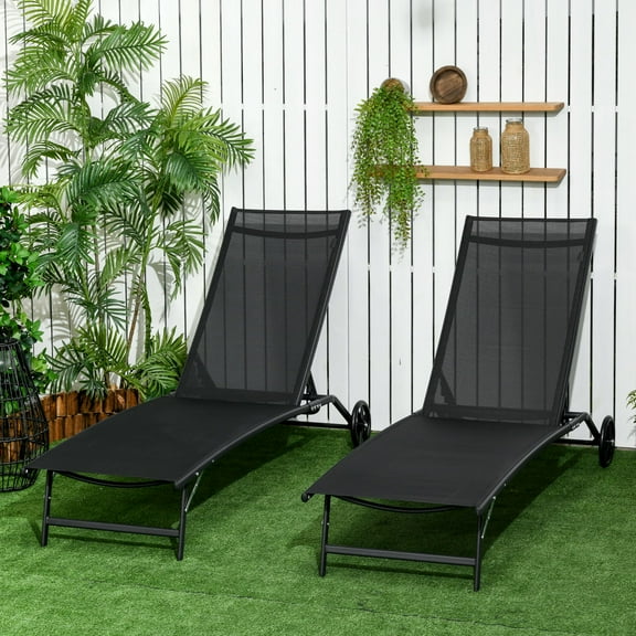Outsunny Set of 2 Outdoor Chaise Lounge Chairs with 5-Level Adjustable Backrest, Wheels, 2 Piece Pool Loungers, Suntanning Furniture, Black