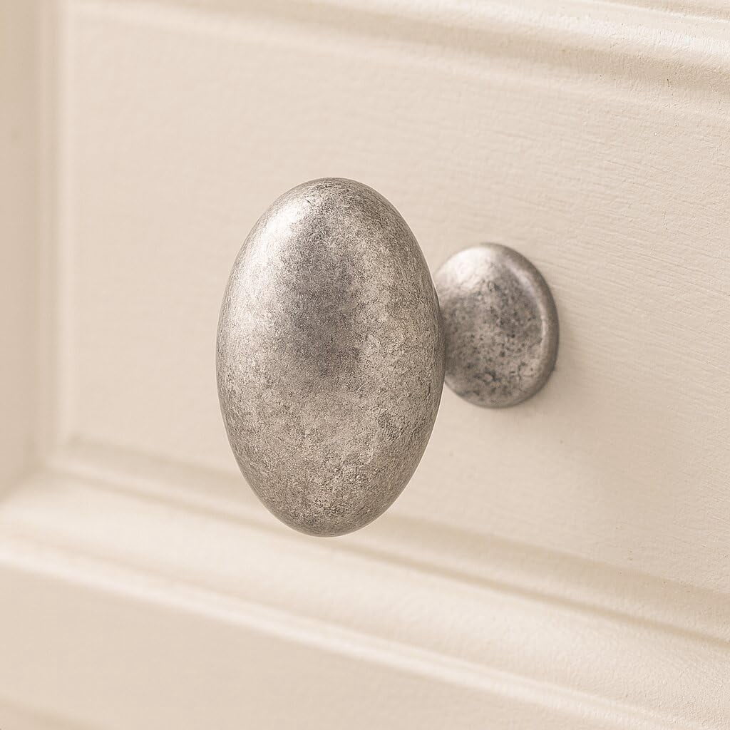 ABCISI 10 Pack Oval Cabinet Knobs, Furniture Cupboard Pulls, Modern Single Hole Hardware for Kitchen Cabinet, Dresser, Wardrobe Drawer, Antique Silver