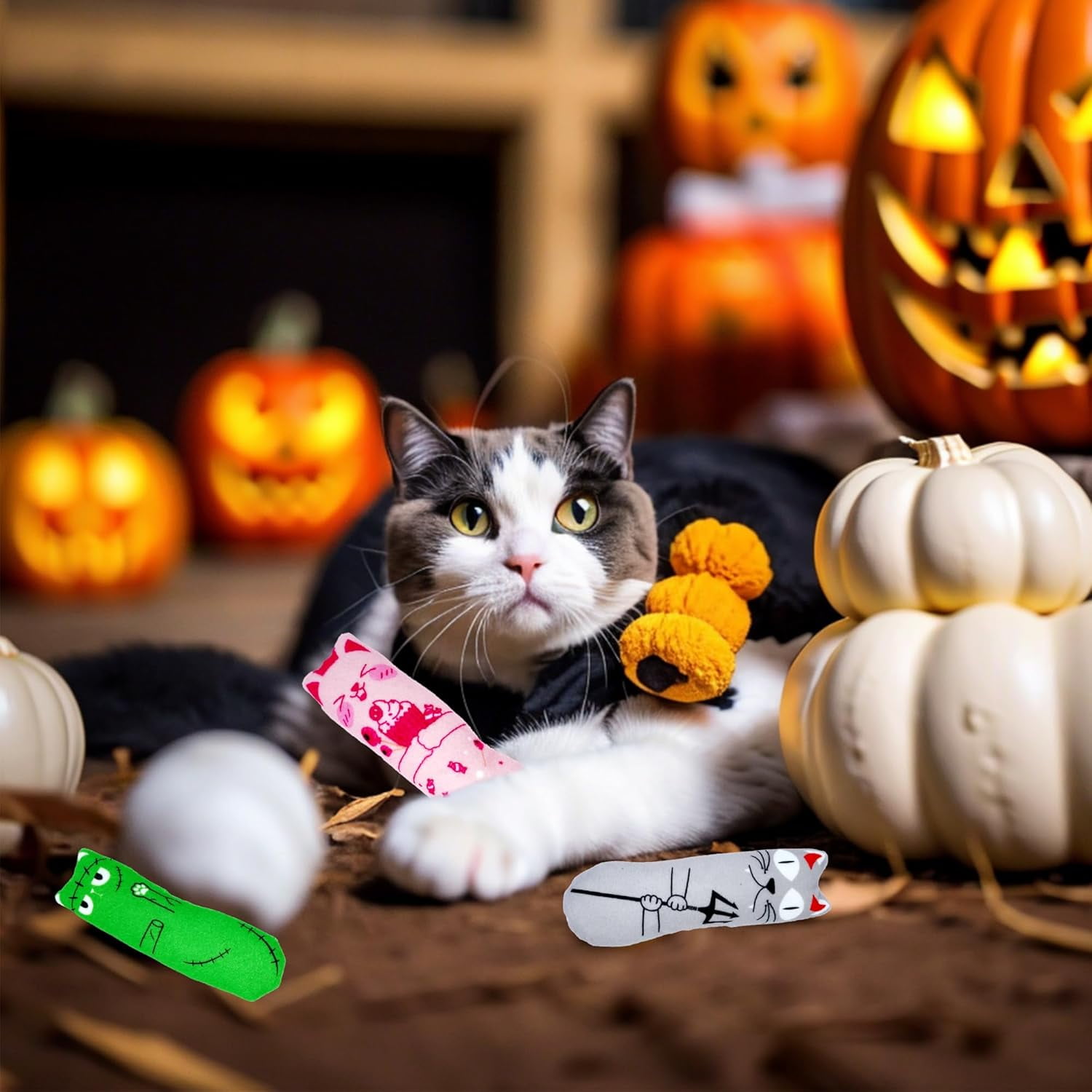 8 Pack Halloween Cat Kicker With Catnip Crinkle Sound for Indoor Cats - Cute Ghost Pumpkin Plush Kittens Shape Natural Interactive Pet Kitty Toy