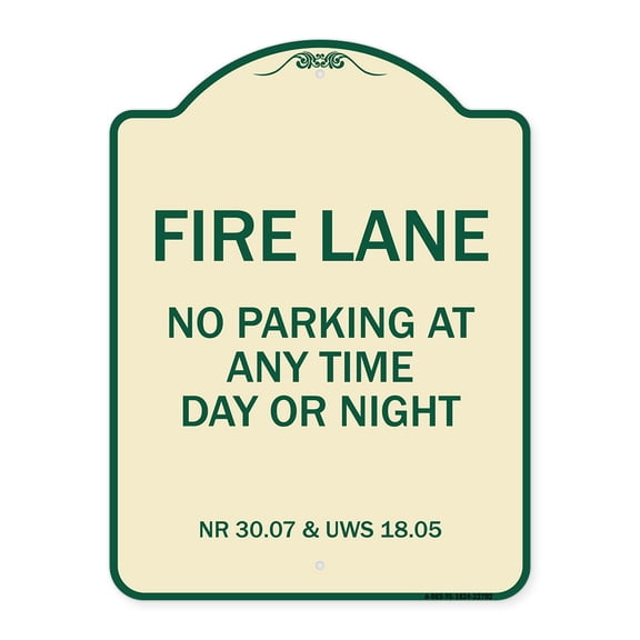 SignMission Designer Series Sign - Wisconsin Fire Lane No Parking at Anytime Day or Night | Tan & Green 18" x 24" Heavy-Gauge Aluminum Architectural Sign | Made in the USA