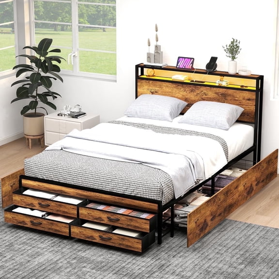 ZIVACATE Queen Bed Frames with Headboard, Queen Size Storage Bed Frame with 8 Drawers, Built-in Charging Ports & Outlets, Adjustable Atmospheric LED Lights, Queen-Size Metal Foundation Beds, Brown