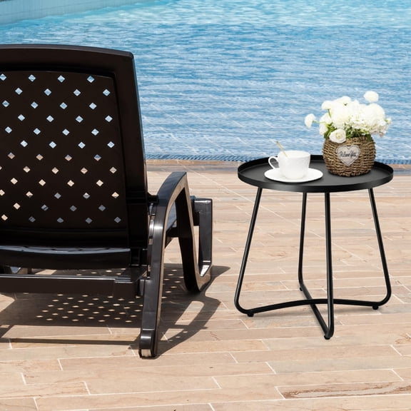 Weather Resistant Steel Outdoor Side Table, Small Round End Table for Yard Balcony Garden Black