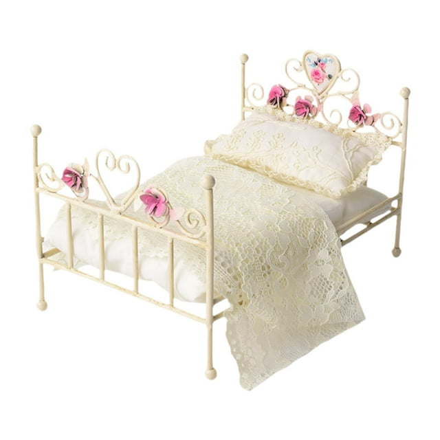 1: 12 cama europea en miniatura, muebles en miniatura para habitación, accesorios DIY, accesorios para fotos, cama pequeña para decoración artesanal Ropa de cama de encaje