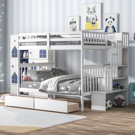 Euroco Full over Full Bunk Bed with Drawers and Storage Shelves for Kids Room  White