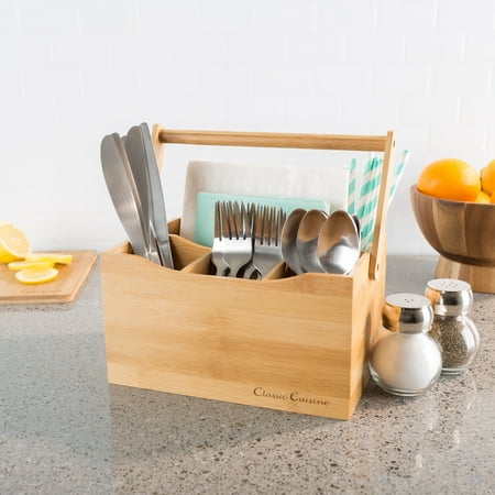 Napkin And Utensil Holder Bamboo Flatware Caddy- 4 Slot Portable Holder for Utensils, Napkins, Condiments, and More- Kitchen Storage and Organization by Classic Cuisine ()