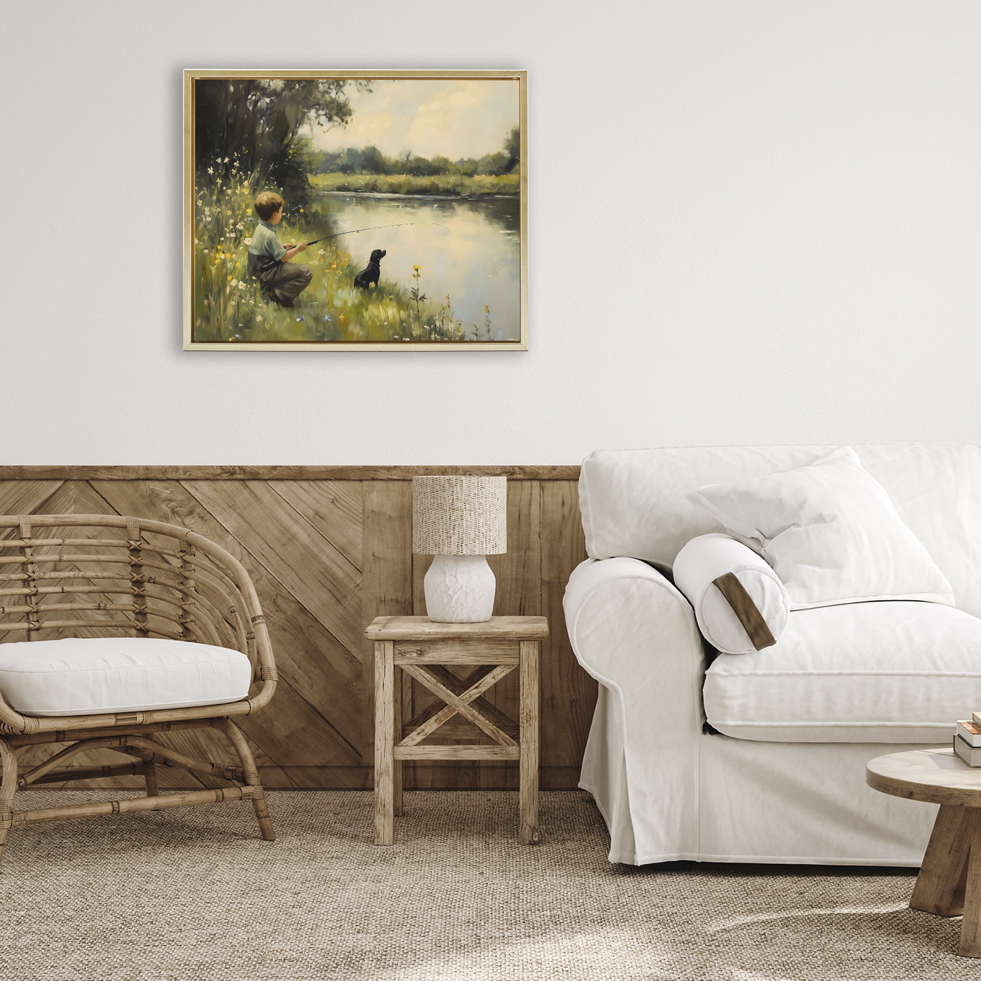 Boy & Puppy Fishing Gold Framed Floater Canvas Wall Art, design by Arlington Prints