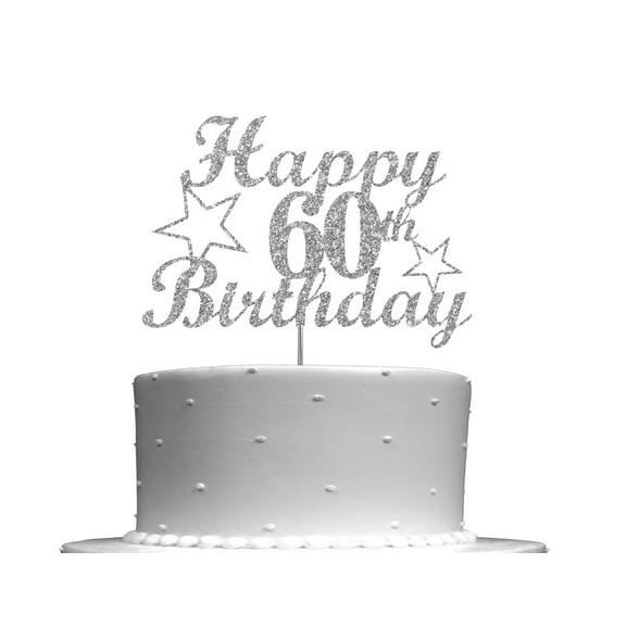 60 Birthday Silver Glitter Cake Topper, Party Decoration Ideas, , Sturdy Doubled Sided Glitter, Acrylic Stick. Made in USA