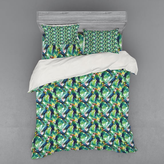 Birds Duvet Cover Set, Portrayal Illustration of Scarlet Macaw Parrots Among Exotic Plants in the Jungle, Bedding Set with Shams and Fitted Sheet, 3 Sizes, by Ambesonne