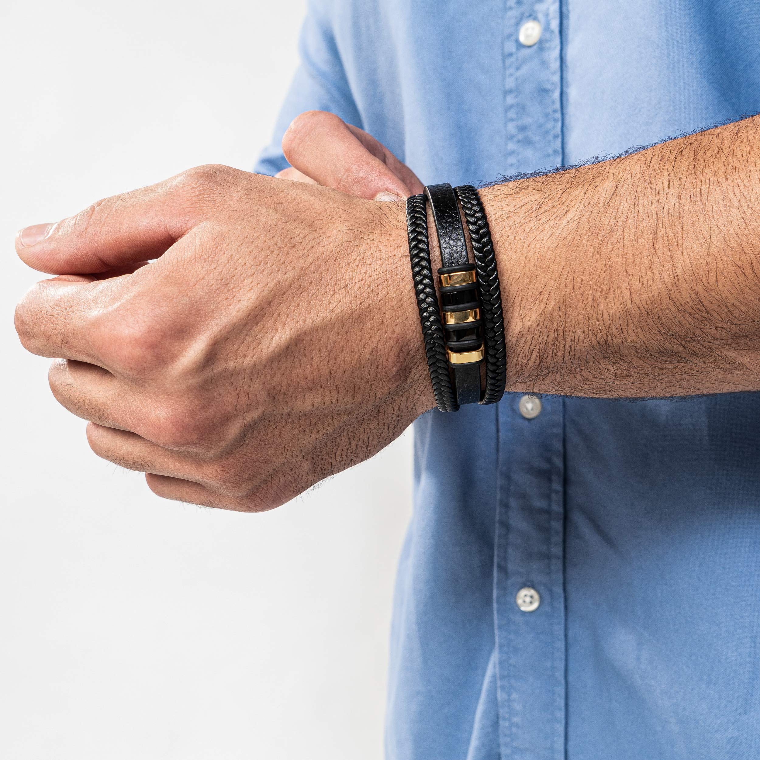 SERASAR Men's Leather Bracelet "Glory" with stainless steel magnetic closure, Gold 20cm, including gift box