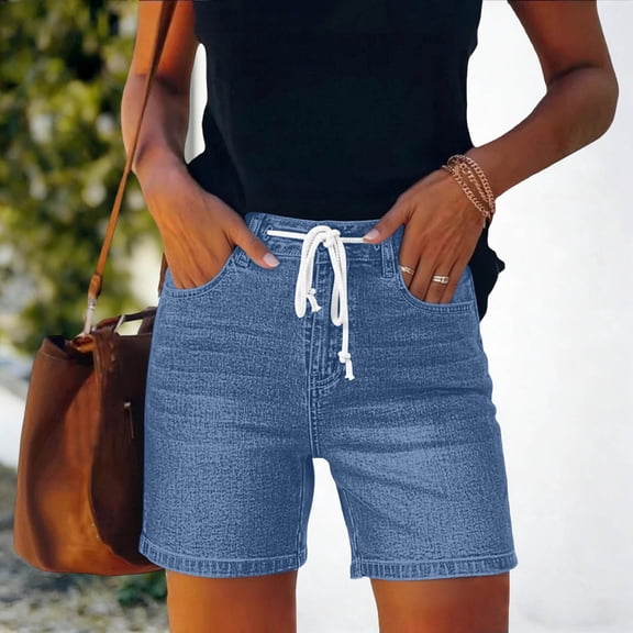 Gamivast Plus Size Denim Shorts for Women High Waisted Drawstring Jean Shorts Casual Summer Pull on Above Knee Y2K Jean Shorts with Pockets Relaxed Fit Comfy Short Pants Blue XL