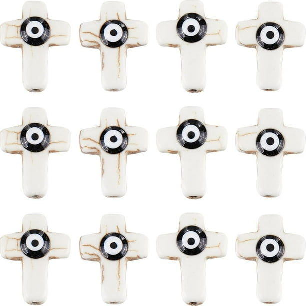 1 caja de 60 piezas de cuentas de crucifijo a granel, de piedra turquesa, blancas, con ojos turcos negros, amuletos de Pascua, mini cuentas espaciadoras.