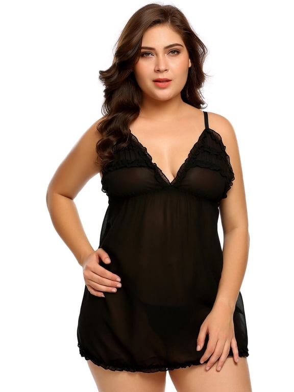 Women V-neck Sexy Lingerie Dress See-through Back Split Mini Babydoll Plus Nightwear BETT