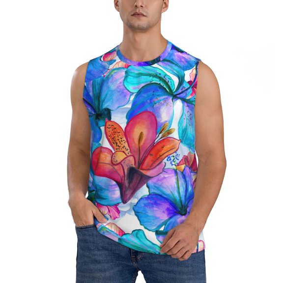 Xecao Bright Flowers Print Men's Tank Top: Sleek Sleeveless Tee for Casual Sports and Beach Occasions-X-Large