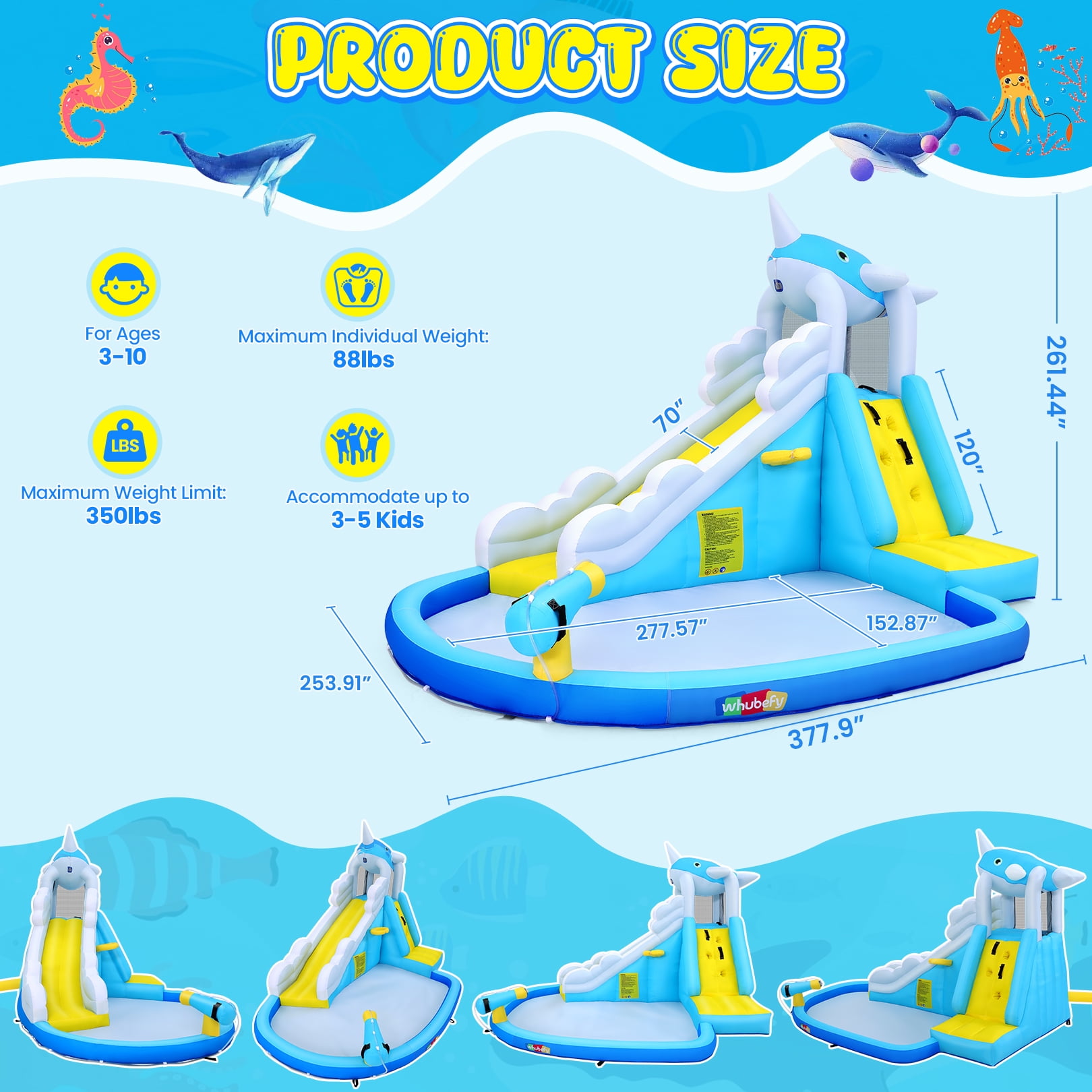 Adnoom Inflatable Water Slide with 480W Blower, Bounce House for Kids Backyard, Bouncy Castle with Large Pool/Basketball Hoop, Inflatable Water Park with Whale Water Slide/Climbing Wall/Water Cannon