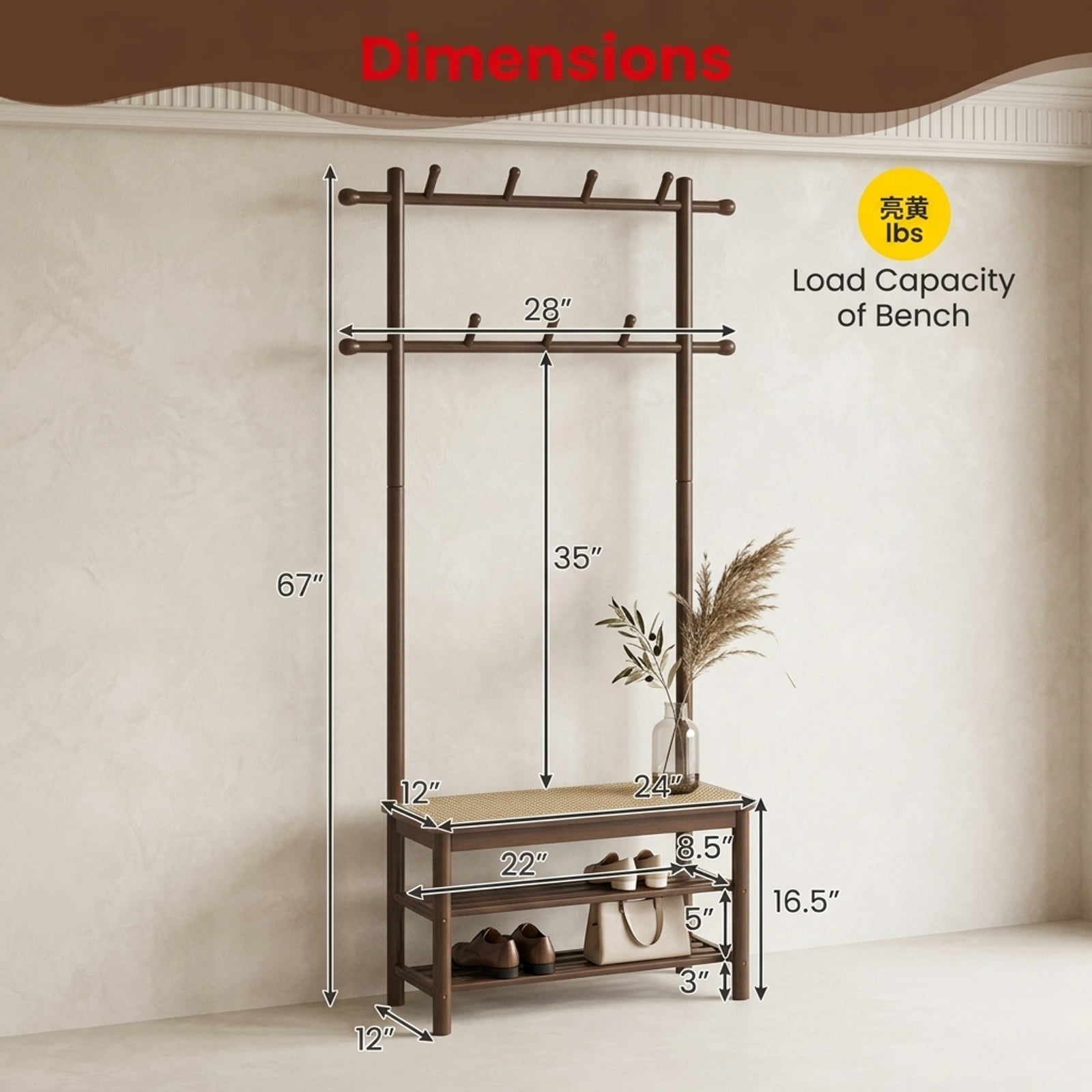 Furnibear 3 in 1 Bamboo Hall Tree Coat Rack with Bench and Shoe Storage and 11 Hooks for Entryway and Foyer and Hallway, Brown
