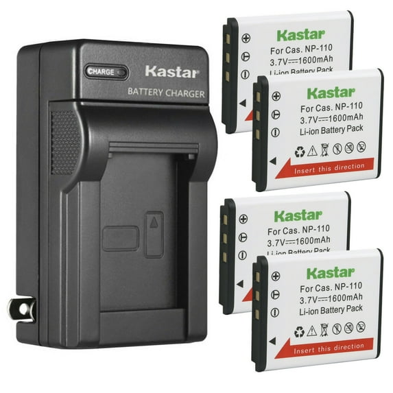 Kastar 4-Pack Battery and AC Wall Charger Replacement for Casio NP-110 NP-160 Battery, Casio Exilim EX-ZR60, Exilim EX-ZR65, Exilim EX-ZR70, Exilim EX-ZS220 Camera, JVC BN-VG212 BN-VG212U Battery