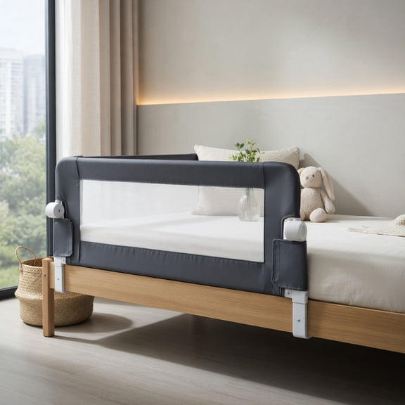 Topcobe 60-Inch Foldable Bed Rail Swing Down Baby Bed Guard Rail with Adjustable Safety Strap, Bed Rails for Toddlers-Grey