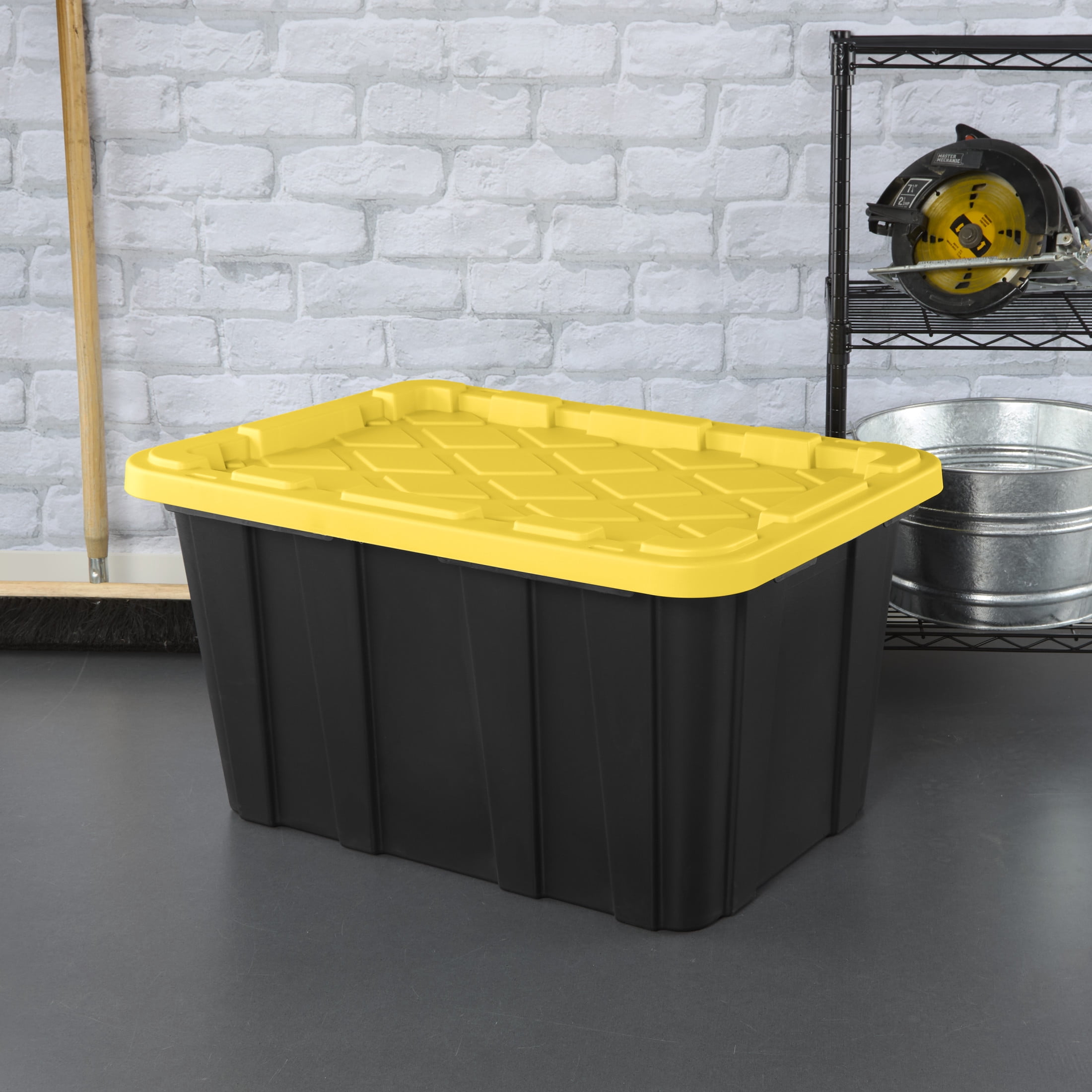 Sterilite Large Storage Bin, 27 Gallon Durable Plastic Storage Tote with Snap-On Lid, Black and Yellow, 6 Pack