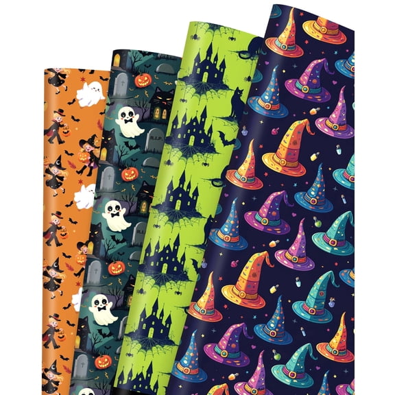 Halloween Wrapping Paper 12 Sheets Folded for Boys Girls Kids Man Women,Pumpkin Spooky Witch Hat Bat Halloween Decorations,Holiday,Party