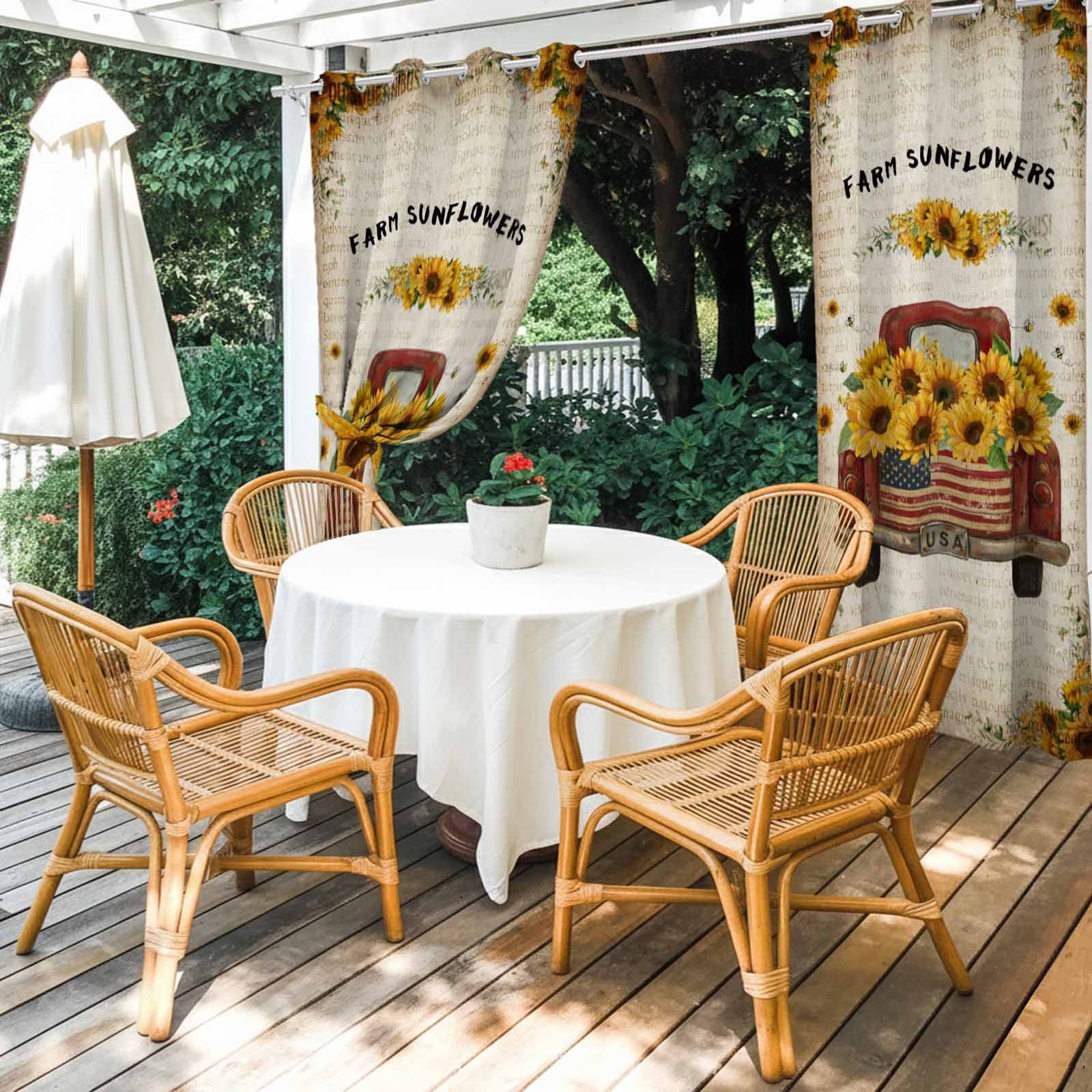 Outdoor Curtains for Patio Waterproof, Vintage Sunflower Truck Outdoor Privacy Panels Grommet, Summer Botanical Pastoral Retro Art Blackout Outside Curtains for Porch/Cabana 54"x95", 1 Panel