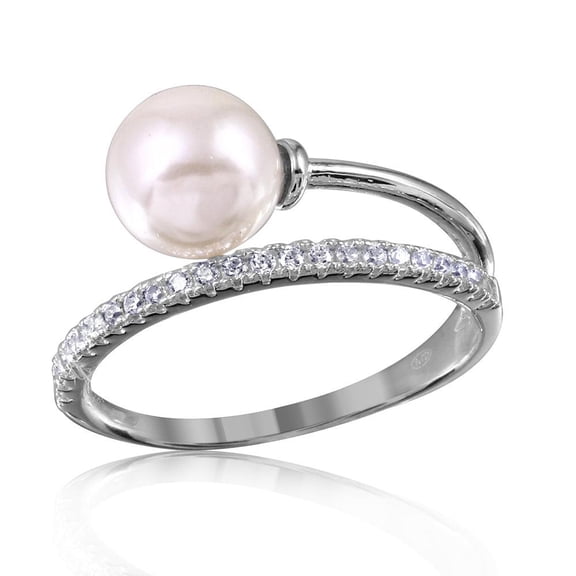 Rhodium Plated Sterling Silver 925 Overlap Simulated Pearl Ring White CZ Jewelry Female Size 5