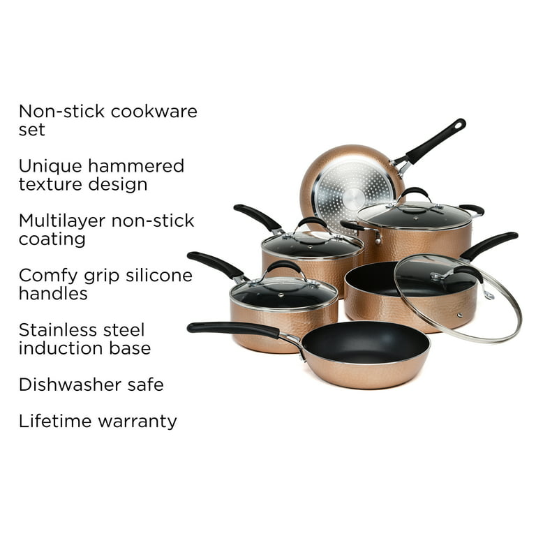 Ecolution Impressions Hammered Nonstick Pots and Pans Set, Dishwasher Safe  Cookware with Riveted Stainless Steel Handles, 10-Piece, Copper