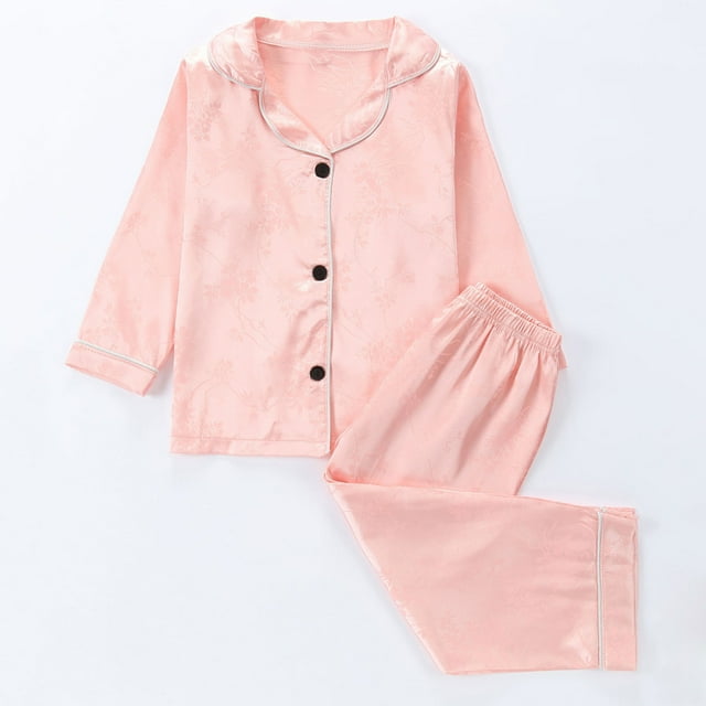 Fridja Satin Pajamas for Girls, Summer Solid Color Long Sleeve Comfortable Soft Satin Button Down PJ Set Gift for Slumber Party, Birthday, Holiday (Pink,5-6 Years)