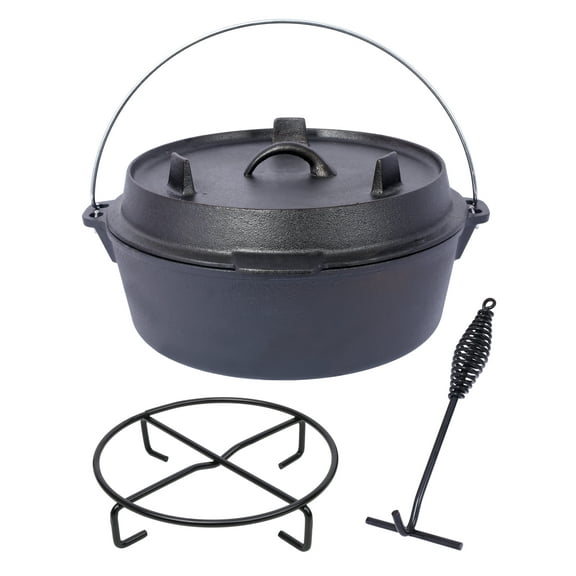 Cast Iron Dutch Oven with Skillet Lid - 12 Quart Camping Pot - Outdoor Cooking for Campfire, BBQ, Baking - Includes Pot Rack & Lid Lifter