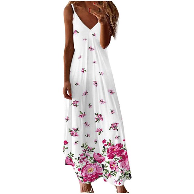 PENGXIANG Robes d'Été Décontractées Maxi Robe Mode Imprimée Col en V Sans Manches Bretelles Robe Longue