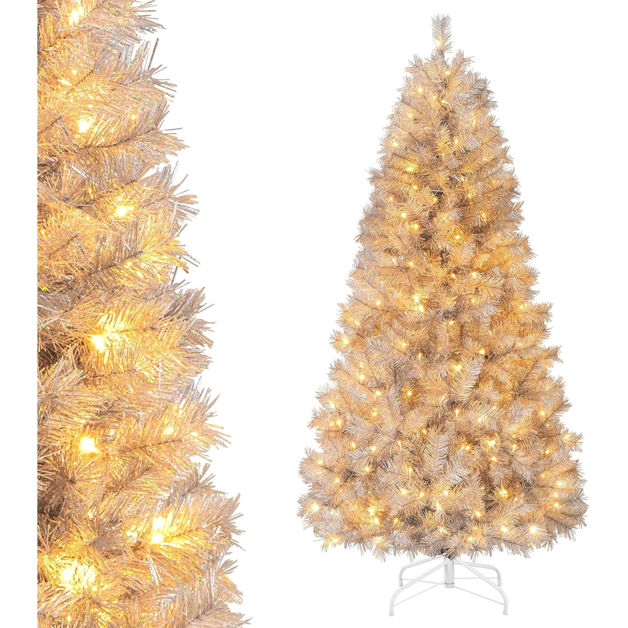 Pre-Lit Artificial Christmas Tree Hinged Xmas Full Tree with Dual-Colored LED Lights Flash Modes PVC Branch and Foldable Base for Indoor Holiday Decor