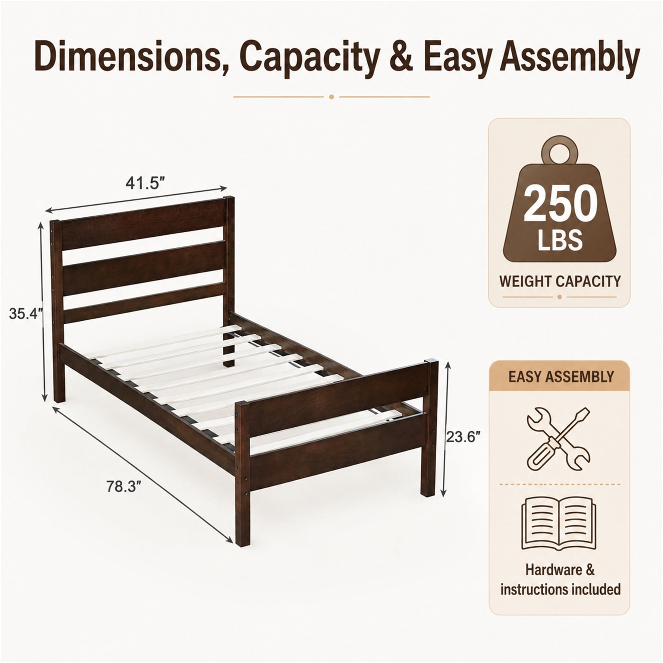 SESSLIFE Twin Bed Frame, Solid Wood Twin Platform Bed Frame with Headboard & Footboard, No Box Spring Needed with 250LBS, Easy Assembly, Espresso