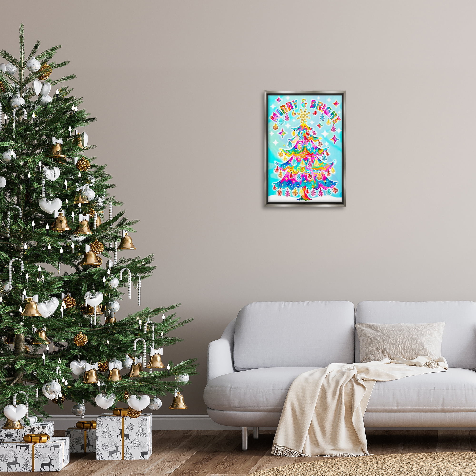 Stupell Industries Eclectic Merry & Bright Holiday Painting Gray Floater Framed Canvas Art Prints Wall Art, 17 x 25