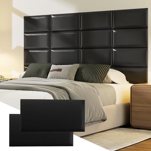 Upholstered Headboard Panels, 4 Panels Sized 7.8" x 15.7" Peel and Stick Padded Wall Panels for Kids, 3D Anti-Collision Wall Mounted Bed headboard for Full, Black