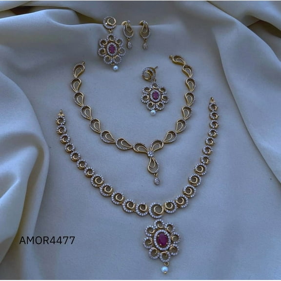 South Indian Bollywood Gold Plated AD CZ White & Ruby Stone Pearl Flower Haaram Matte Finish Brass 2-Combo Necklace Set with Matching Drop Earrings – Bridal & Party Wear Jewelry